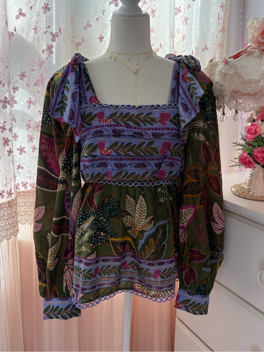 Farm Rio Top Tropical Multi Green Wild Jungle Blouse Long Puff